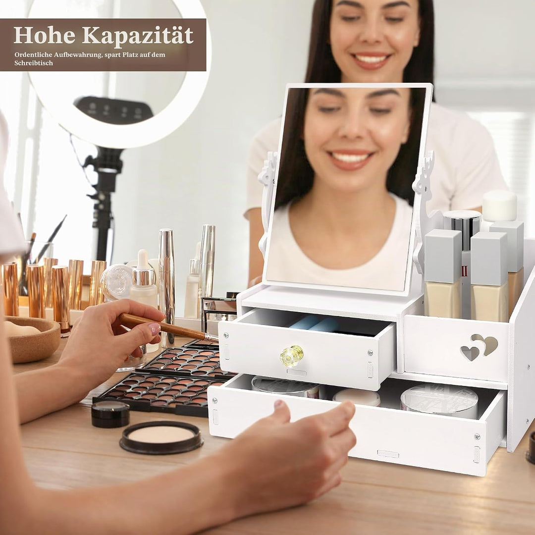 LEcylankEr Schminktisch Organizer mit 360° Spiegel und Schublade, Kosmetik Organizer aus PVC Weiss,