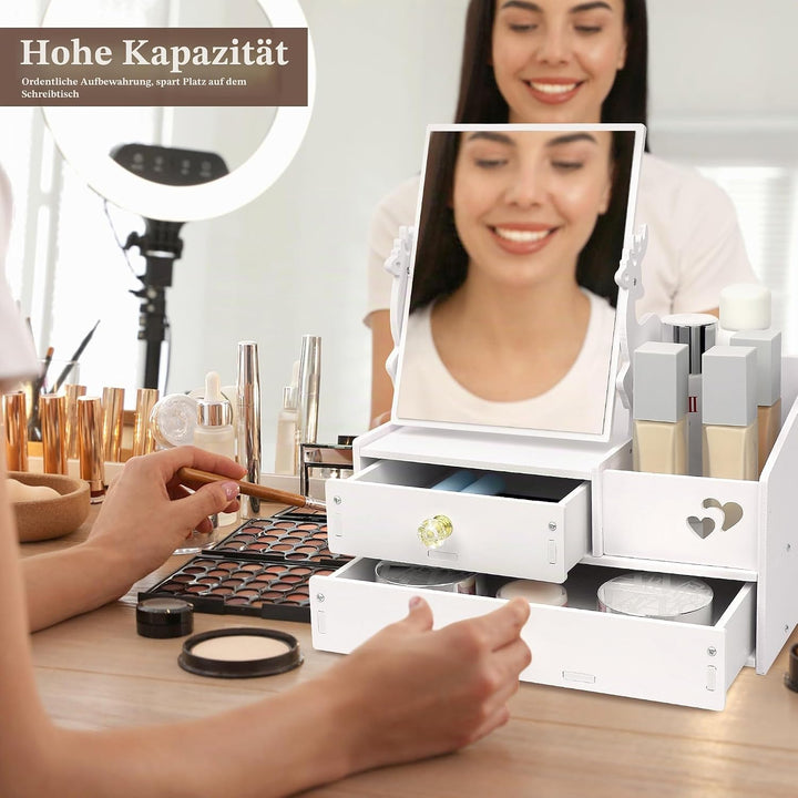 LEcylankEr Schminktisch Organizer mit 360° Spiegel und Schublade, Kosmetik Organizer aus PVC Weiss,