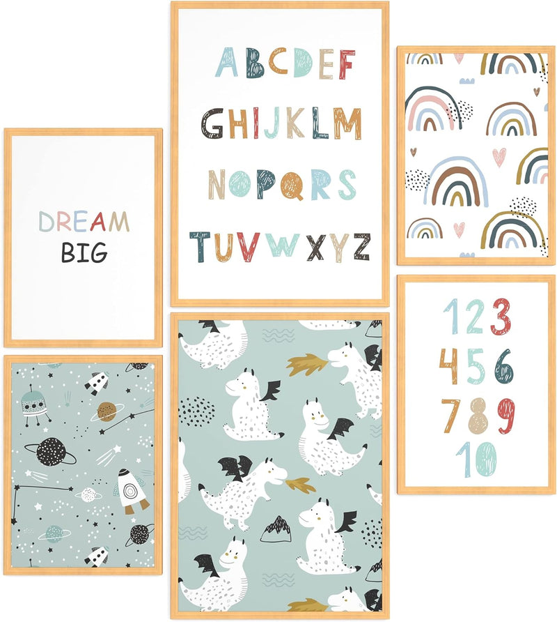 Papierschmiede® Bilder Kinderzimmer Kids Mood Poster Set ABC Dragon Space, Gerahmte Bilder fürs Kind