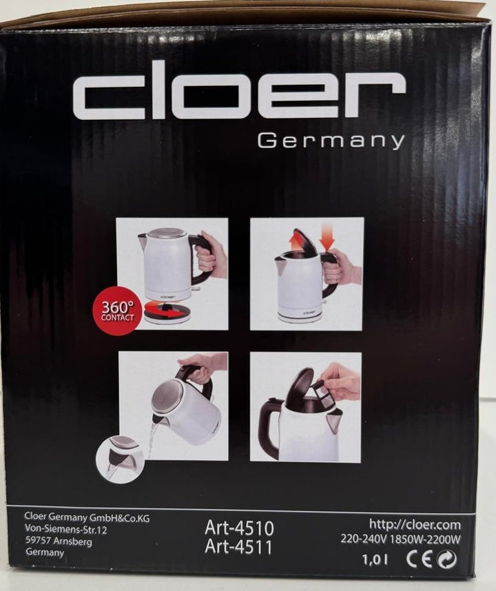 Cloer 4510 Wasserkocher Edelstahl, 2200 W, Wasserstandsanzeige, Trockengeh-und Überhitzungsschutz, 1