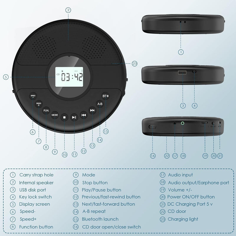 Gueray Bluetooth Tragbare CD-Player 1500mAh Persönlicher CD-Player mit Dual-Lautsprechern, Walkman C