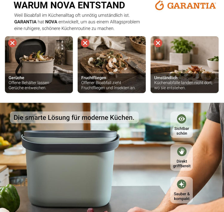 GARANTIA NOVA Biomülleimer Küche 8L Agave/Graphite Grey - Geruchsdichter Komposteimer für Küchenabfä
