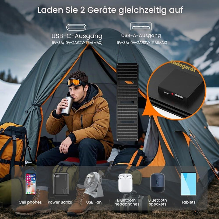 FlexSolar 30 W Solarpanel, faltbar, tragbar, Solar-Ladegerät, QC3.0, 18 W, USB-A, USB-C-Ausgang, IP6