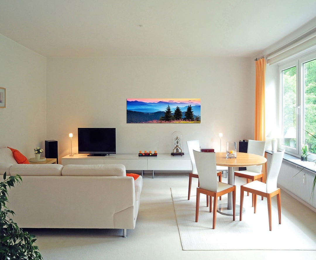 Paul Sinus Art Panoramabild auf Leinwand und Keilrahmen 150x50cm Ukraine Wald Wiese Dunst Sonnenaufg