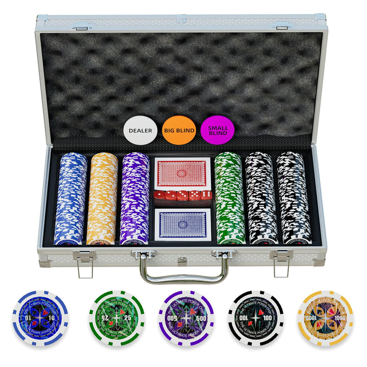 Poker-Set 300-teilig: Laserpokerchips in verschiedenen Werten und Farben, Komplettset mit 12g Zahlen