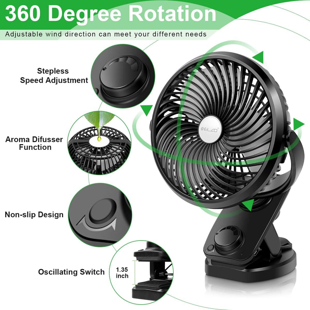 ELZO USB Ventilator Akku, 5000mAh Leise Mini Tischventilator Clip Fan, Auto-Oszillierend, 360° Drehu