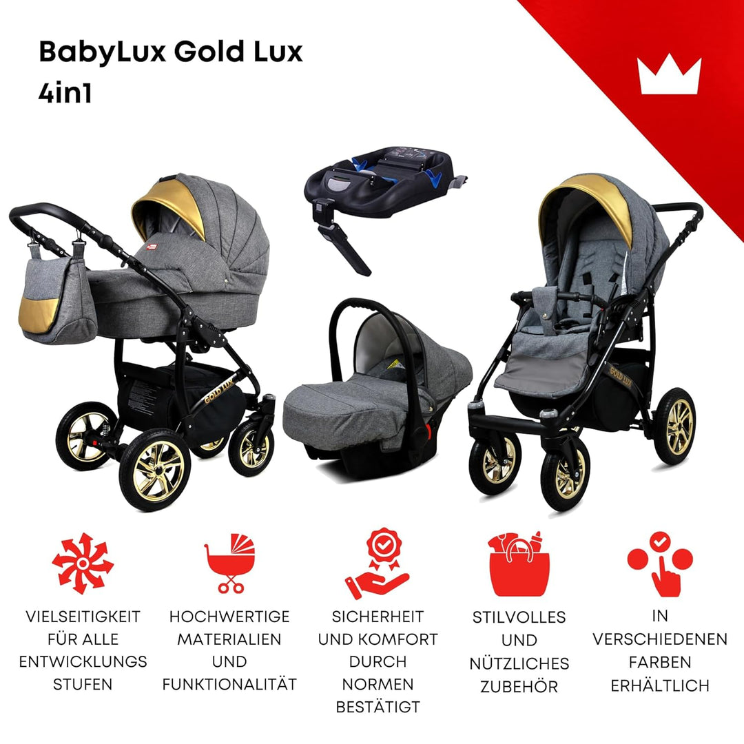 BabyLux® Kinderwagen Set 4 in 1 - Gold Lux - incl. Babywanne, Buggy Sportsitz, Auto-Babyschale, ISOF