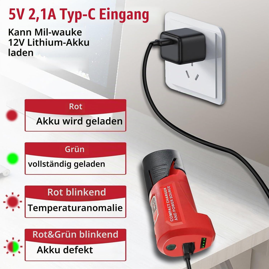 M12 Akku Ladegerät mit Typ-C Anschluss &amp; DC 12V Ausgang, Ersatz-Netzteil für Milwaukee M12 12V Akku