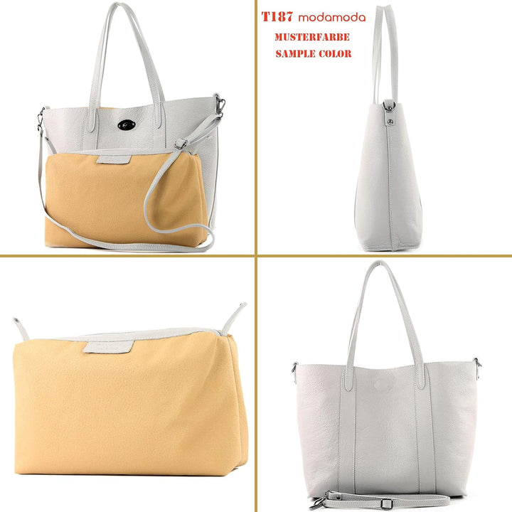 modamoda de - T187 - ital. Shopper DIN A4 Leder Damentasche mit Innentasche Signalrot, Signalrot