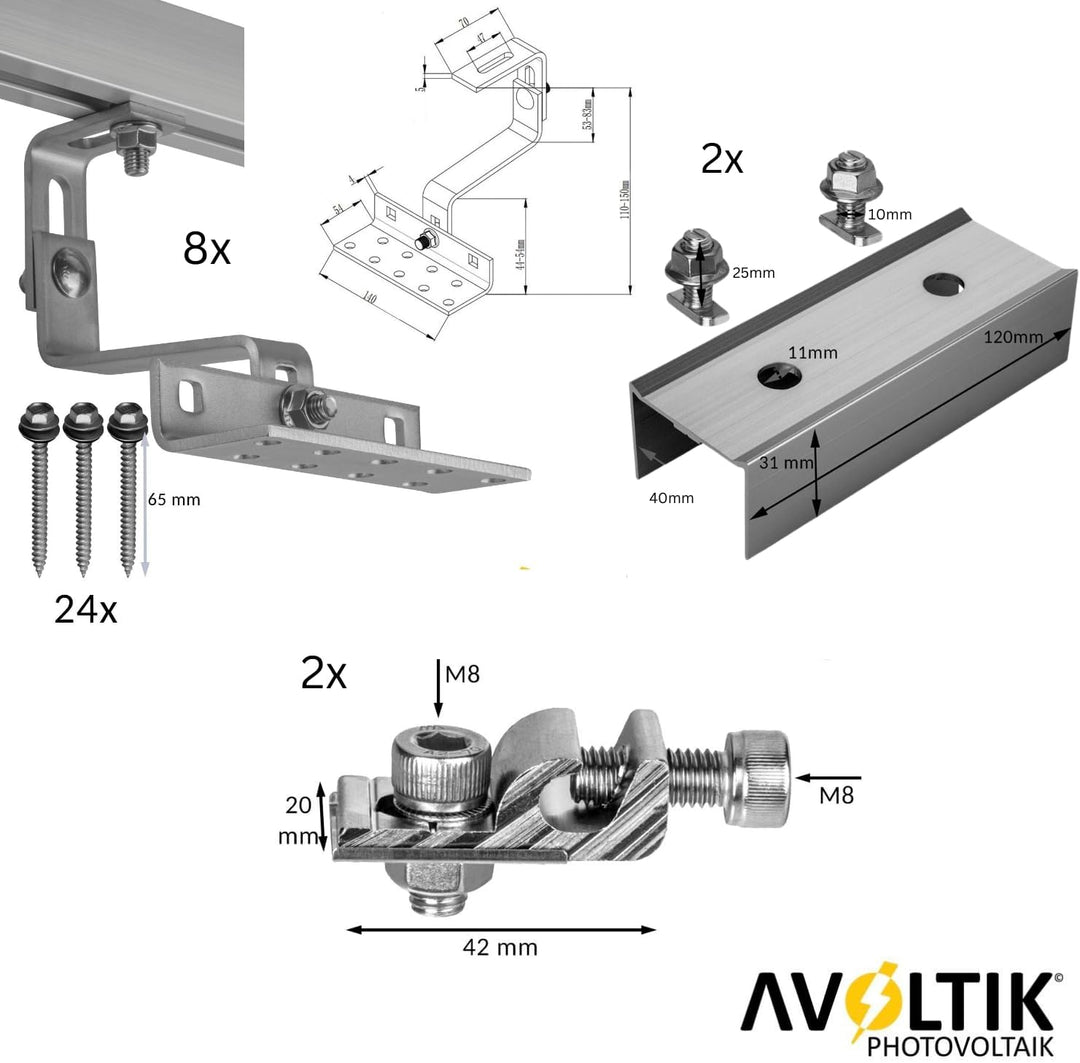 Avoltik Solar Halterung Ziegeldach | Montageset für 2 Paneele I Set aus 8 Dachhaken Edelstahl 3-Fach