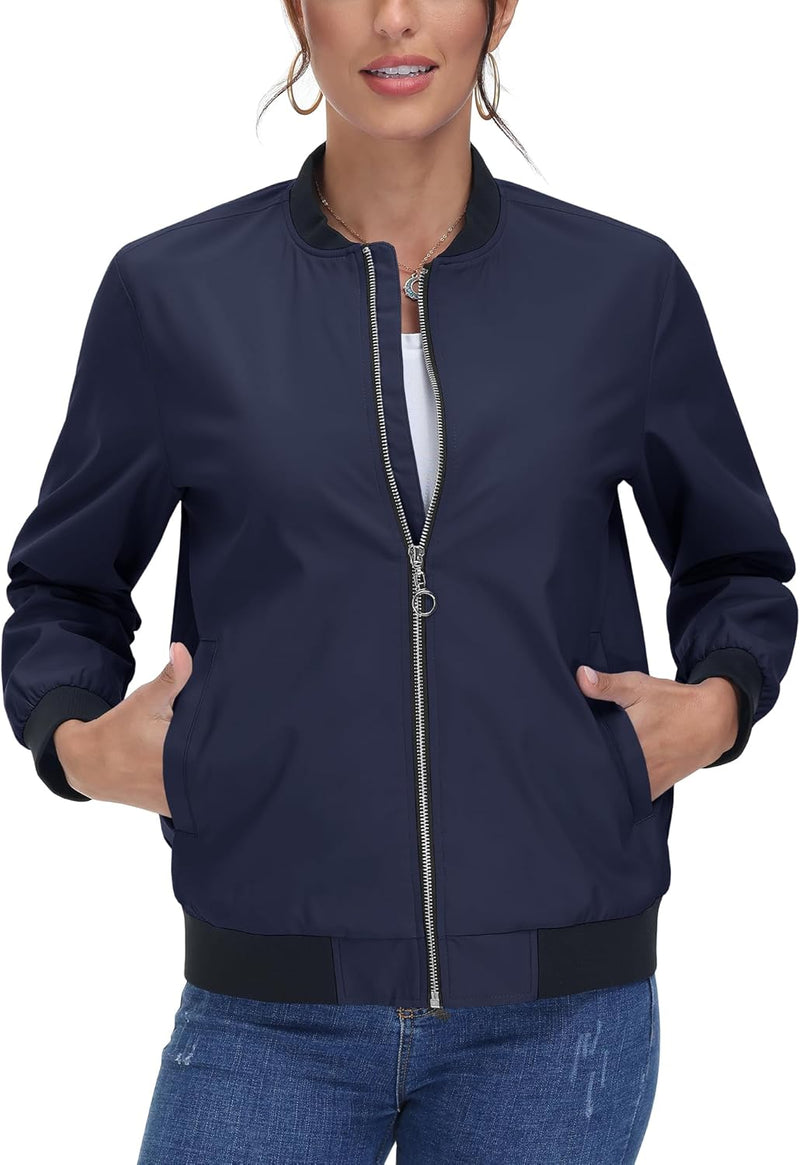 TACVASEN Damen Leicht Bomberjacke Casual College Jacket Sommer Fliegerjacke Sweatjacke XL Marineblau