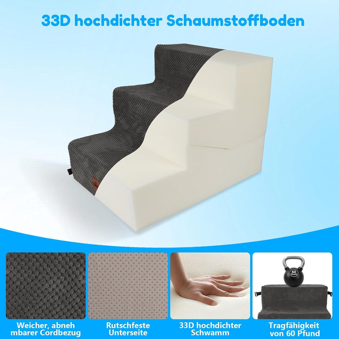 2-in-1 Hundetreppe für Kleine Hunde 28/40 cm, Katzentreppe für Alte Katzen – 3 Stufen mit Waschbarem
