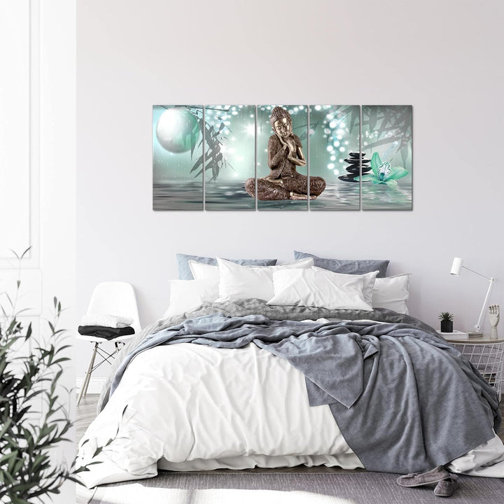 Runa Art Wandbild XXL Buddha Feng Shui Wohnzimmer Schlafzimmer 200 x 80 cm Schwarz Weiss 5 Teilig -