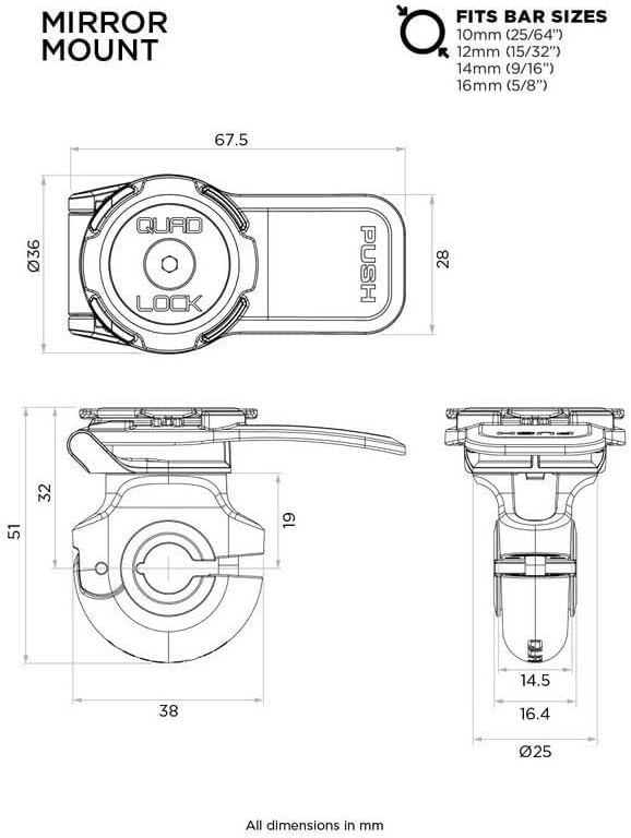 Quad Lock Spiegelhalterung für Motorrad/Motorroller für iPhone und Samsung Galaxy-Handys Mirror Moun