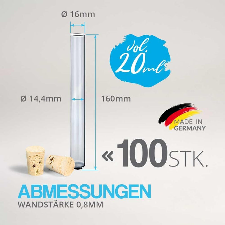 Tuuters 100 Glas Reagenzgläser mit Korken Verschluss Naturkorken, kleine Gewürzgläser (160 x Ø 16mm)