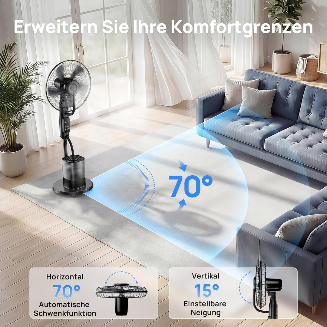 NebulaFlow Ventilator mit Nebel, 2026 Upgrade 4L Wassertank Standventilator, 7,5H Timer, 5 Geschw&3