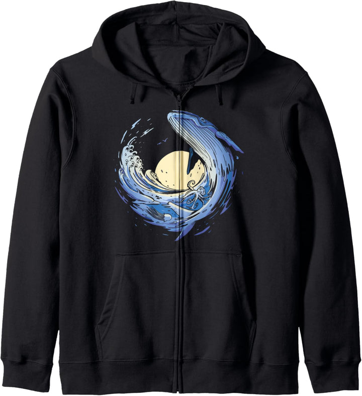 Ein Wal, Oktopus, Qualle und Delfin in einer Meereswelle Kapuzenjacke