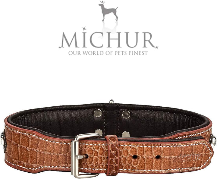MICHUR Lakota Hundehalsband Leder, Lederhalsband Hund, Halsband, BRAUN, Leder, Blaue Steine MIT RUND