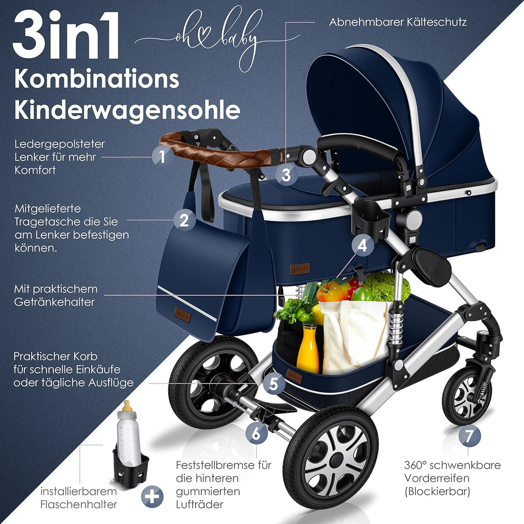KESSER® Loops 3 in 1 Kinderwagen Kombikinderwagen Komplett-Set inkl. Babywanne & Buggy Sportsitz & A