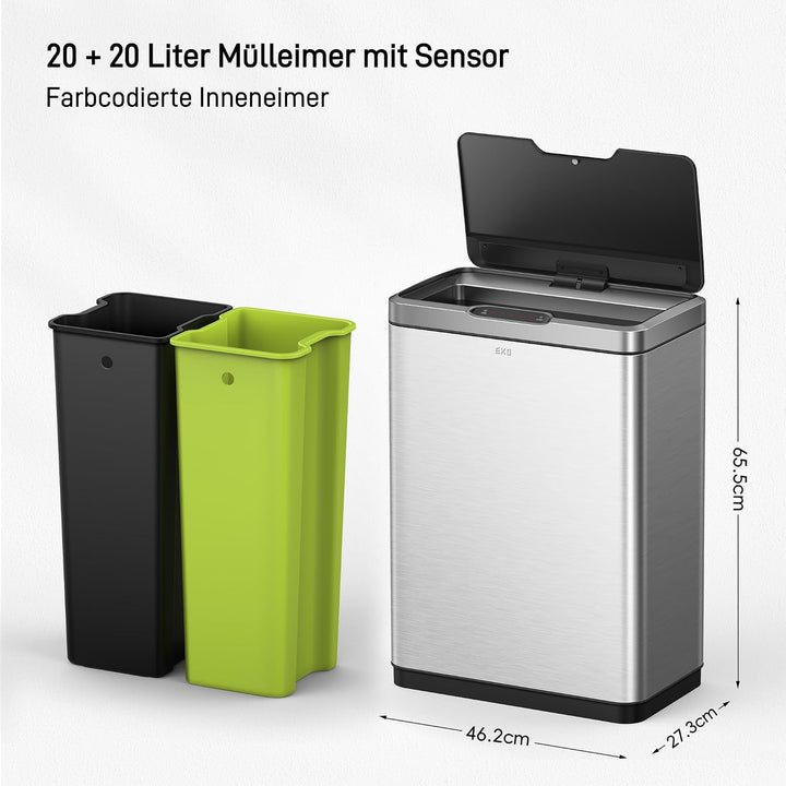 EKO Mirage Mülleimer mit Sensor, Mülleimer 2 Fächer 2 x 20L, Automatischer Küchenmülleimer, 2 Kunsts