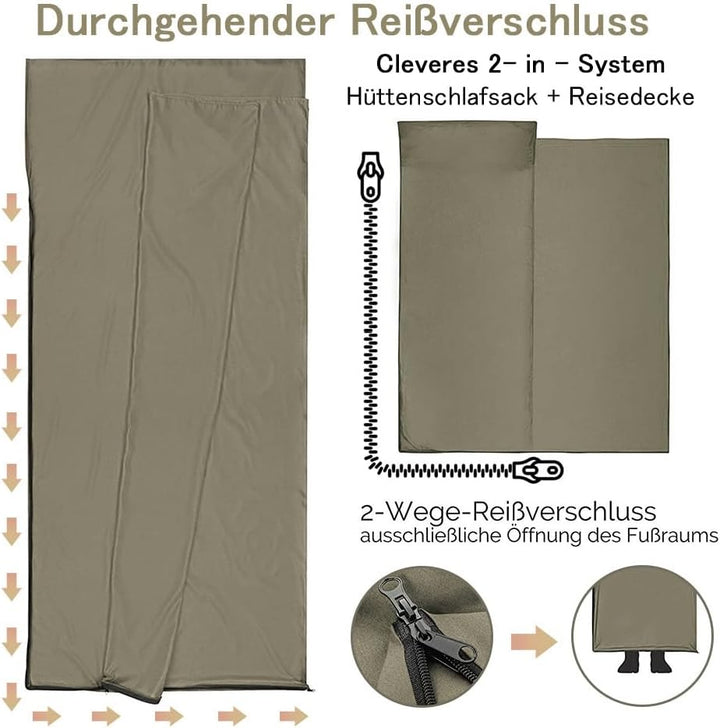 2in1 Hüttenschlafsack aus Mikrofaser, Hüttenschlafsack mit durchgängigem Reissverschluss, Leichter K