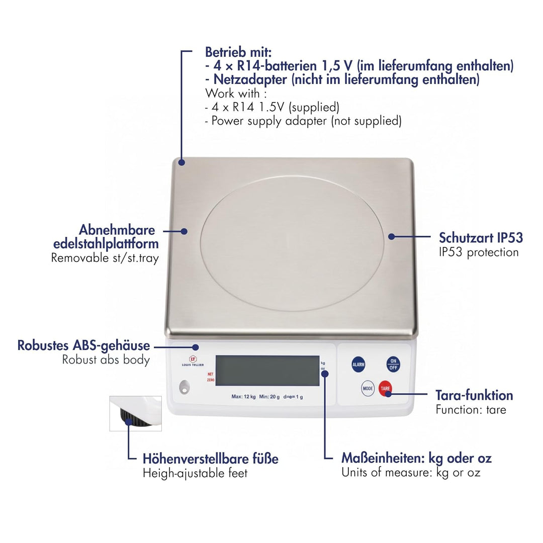 LOUIS TELLIER, Professionelle Elektronische Waage,12 kg, IP53, Genauigkeit 1 g, Abnehmbare Edelstahl