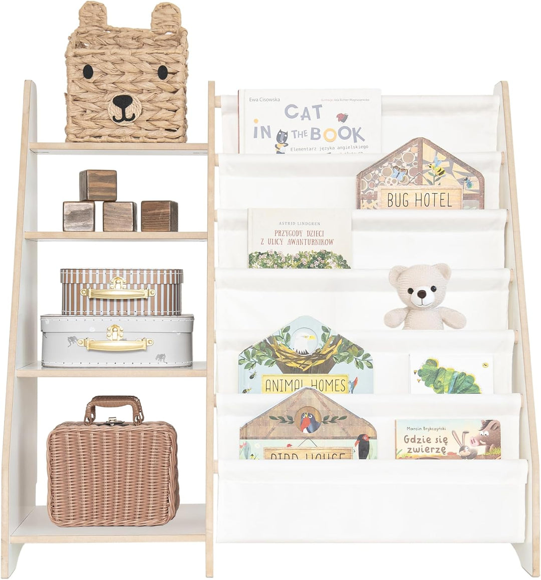 MAMOI® Bücher- und Spielzeugregal, funktionales 2-in-1-Regal, Organizer mit Ablagen und Stofftaschen