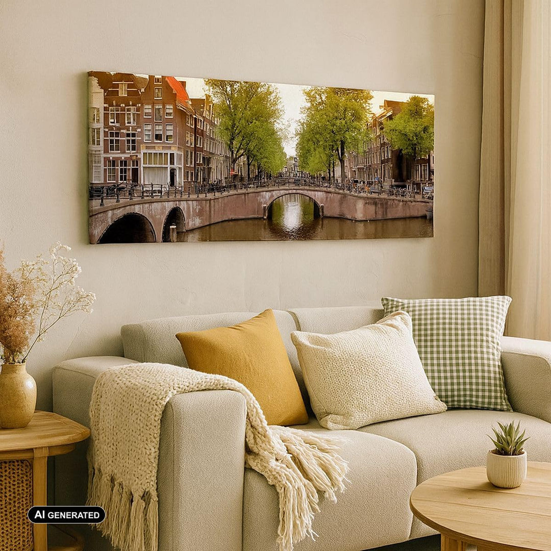 Wandbilder Dekoration Wohnzimmer Kanal Wasser Amsterdam Fahrrad Panorama Bilder auf Leinwand 120x50c