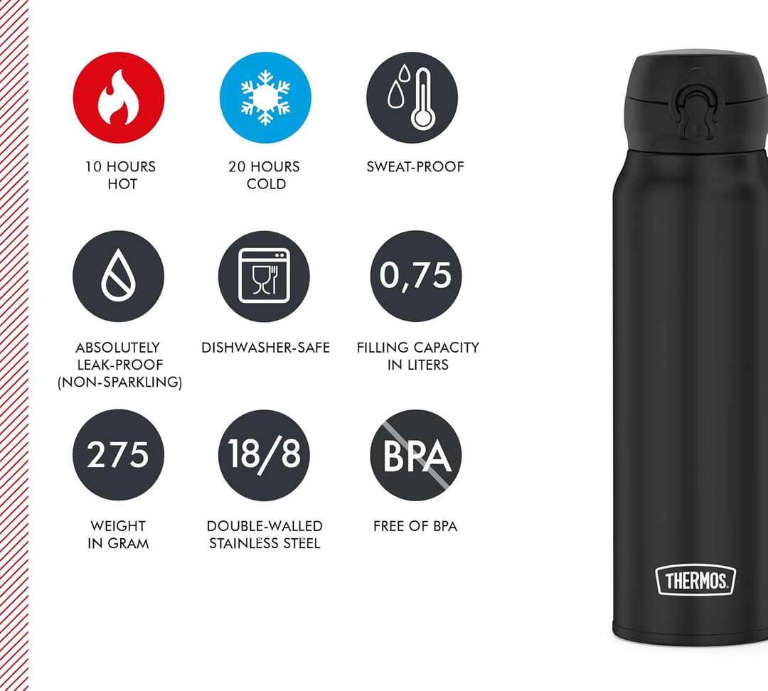 THERMOS ULTRALIGHT BOTTLE 0,75l, charcoal black, Isolierflasche Edelstahl mit Safe Flow Lid, 10 h he