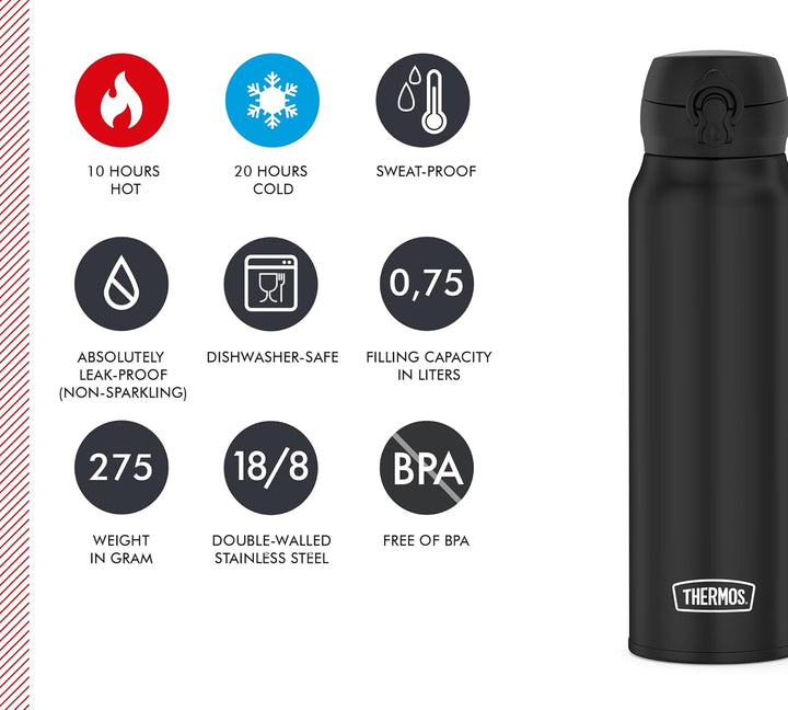 THERMOS ULTRALIGHT BOTTLE 0,75l, charcoal black, Isolierflasche Edelstahl mit Safe Flow Lid, 10 h he
