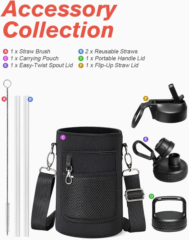 Coolflask Isolierte Wasserflasche mit Strohhalm und 3 Deckeln, 1,8 l Wasserkrug, grosser Metall-Edel