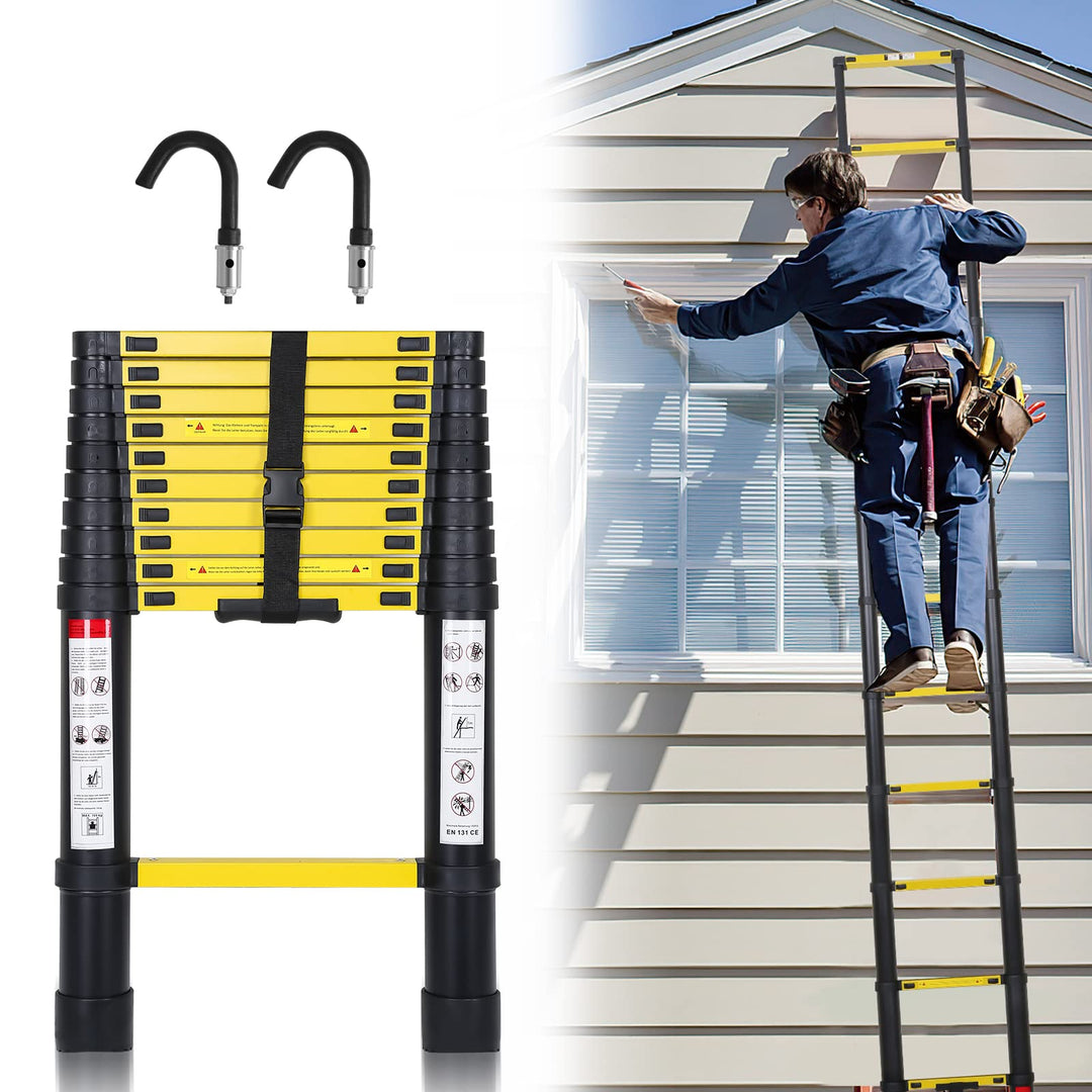 Sonnewelt 3,8M Teleskopleiter mit 2 Abnehmbarem Haken, Rutschfester Aluminium Stehleiter, 150 kg/330