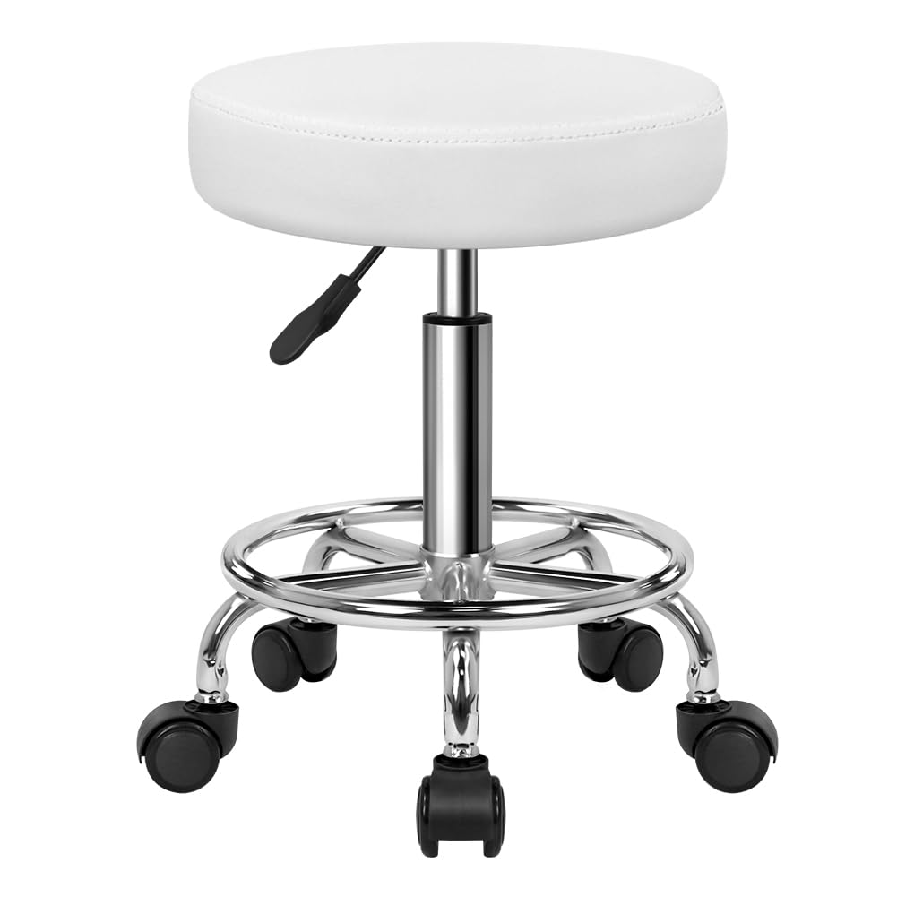 KKTONER Rollhocker Barhocker Bürohocker Arbeitshocker höhenverstellbar drehbar aus Kunstleder Weiss,