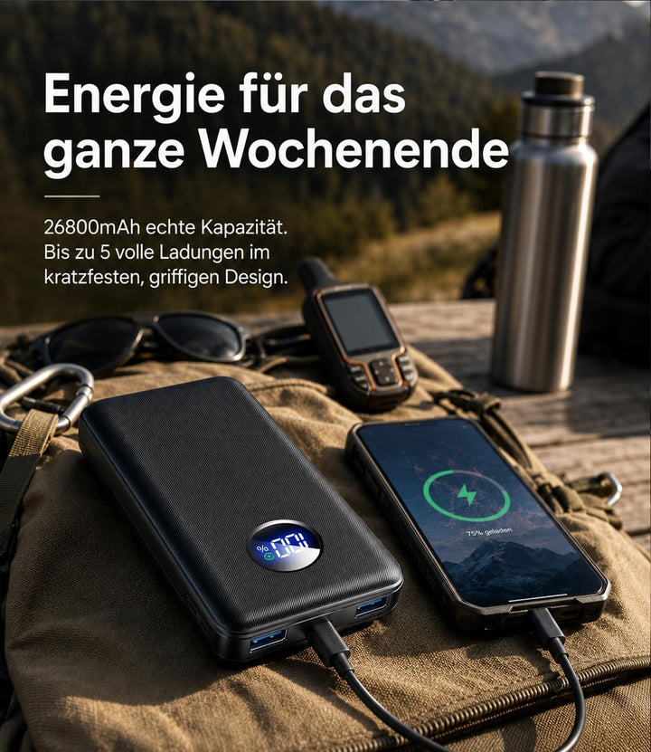 Powerbank 26800mAh, 22.5W Schnellladung Externer Akku mit LCD-Display, 22W USB-C PD Tragbares Ladege