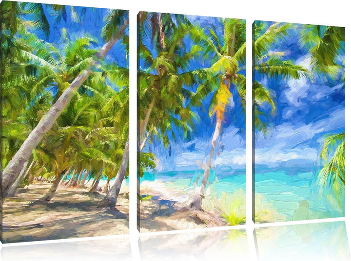 Pixxprint Traumstrand mit Palmen Pinsel Effekt 3-Teiler Leinwandbild 120x80 Bild auf Leinwand
