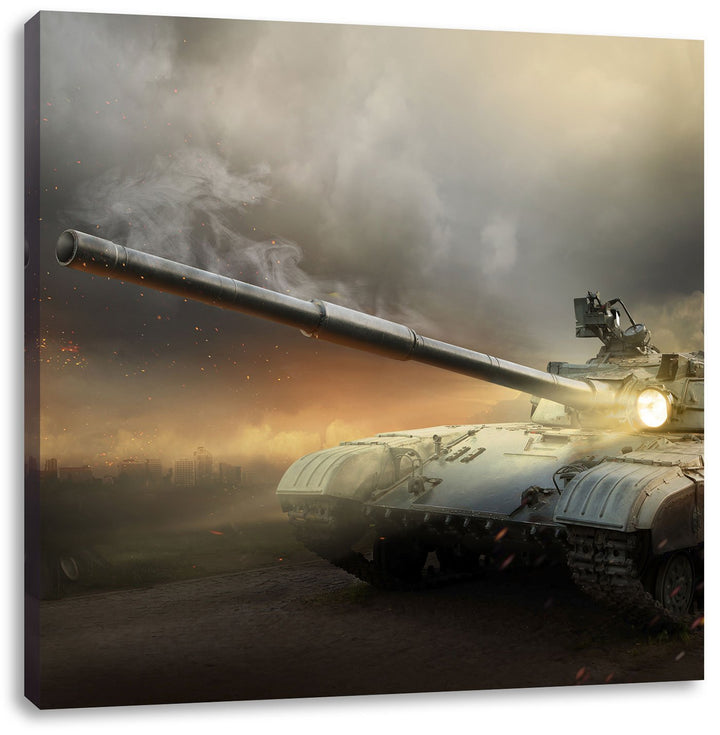 Pixxprint Panzer im Nebel 70x70cm Leinwandbild Wandbild Kunstdruck, 70x70