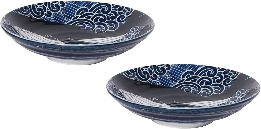 Suppenteller aus japanischer Keramik, Mino-Yaki, für Suppe, Salat, Pasta, 22 cm, Motiv: Blauwal, Set