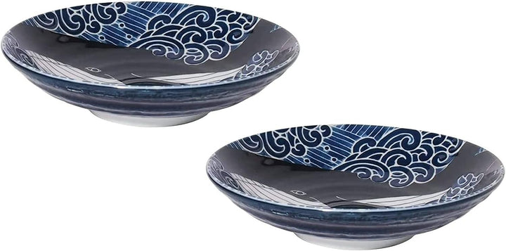 Suppenteller aus japanischer Keramik, Mino-Yaki, für Suppe, Salat, Pasta, 22 cm, Motiv: Blauwal, Set
