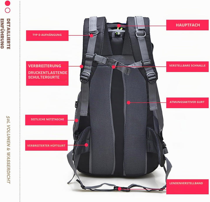Bseash 50L Leichter wasserfester Wanderrucksack, Outdoor Sport Tagesrucksack Multifunktions Reisetas