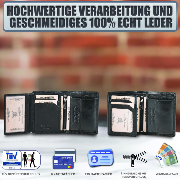MATADOR Kleines RFID Blocker Portemonnaie Herren Klein Leder | Kleine Geldbörse Herren Slim Wallet m