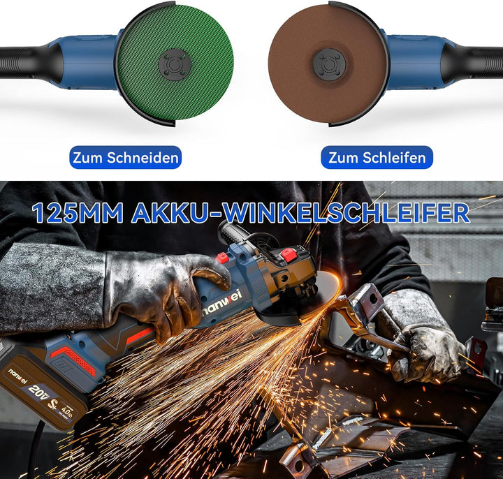 NANWEI Akku-Winkelschleifer, kompatibel mit Makita 18V-Akku, 125 mm bürstenloser Winkelschleifer, El