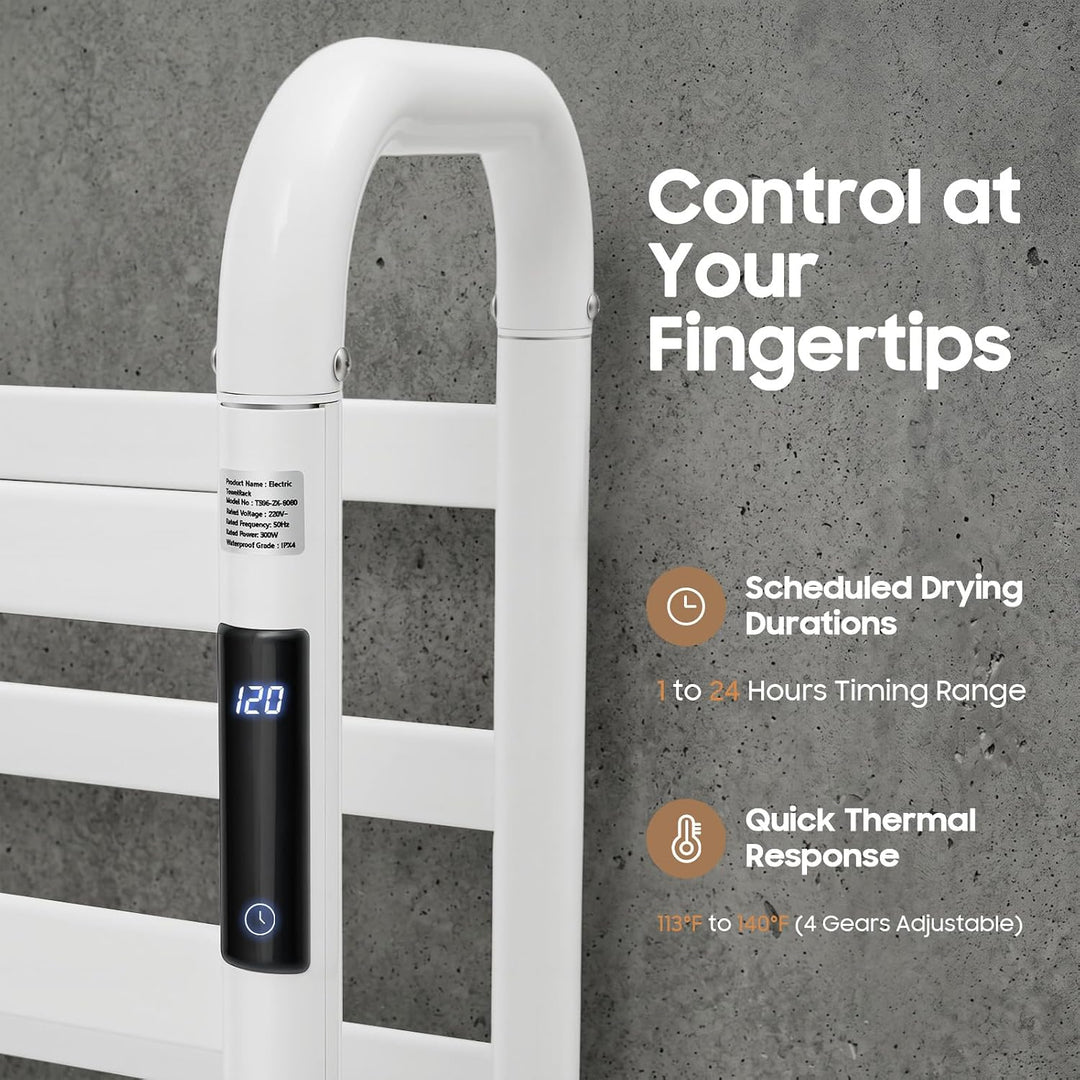 Handtuchheizkörper Elektrisch Handtuchhalter ohne Bohren 1-24h Timer, 45-60°C 180W Weiss Doppelstöck