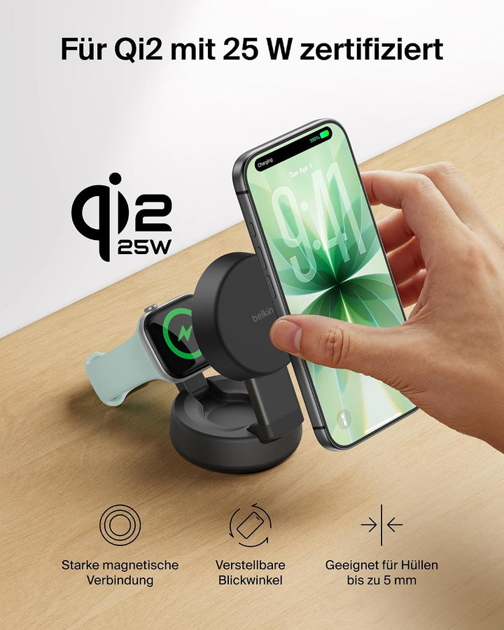 Belkin UltraCharge Pro 2-in-1 Qi2 Induktive Ladestation, 25W – Schwarz | Verstellbar, Qi2.2-zertifiz