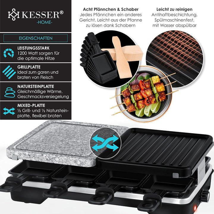 KESSER® Raclette-Grill mit Naturgrillstein, Grillplatte Tischgrill für 8 Personen, Elektrogrill Racl