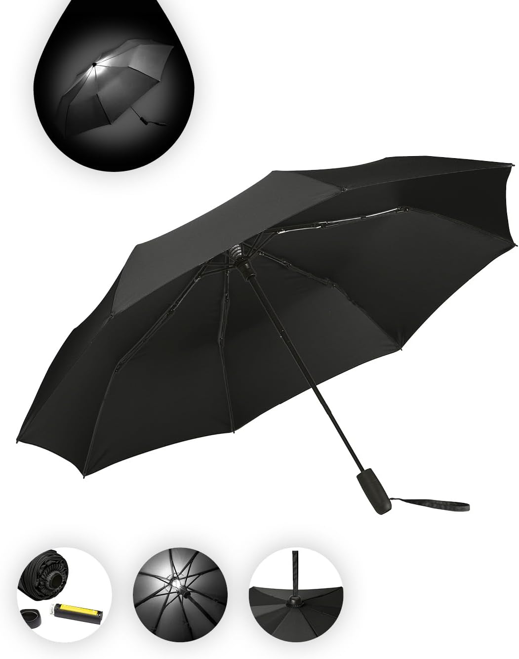 FARE Oversize-Taschenschirm Skylight (schwarz) - Effektvoller Regenschirm mit LED-Innenbeleuchtung u