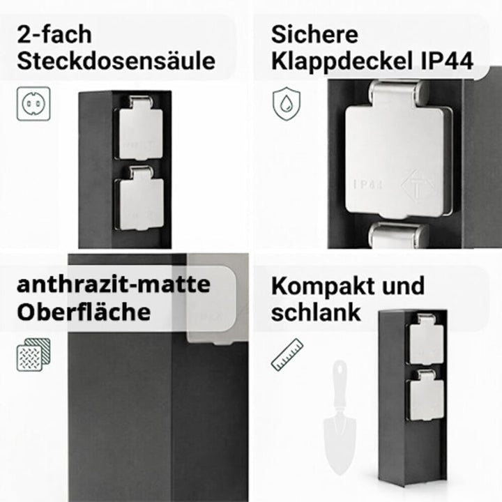 LED Universum Gartensteckdose aus Edelstahl, IP44 für aussen, 23cm (Anthrazit 2-fach), Anthrazit 2-f