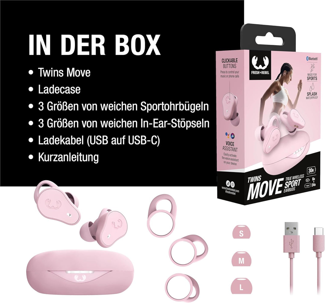 Fresh 'n Rebel Twins Move, kabellose In-Ear Bluetooth Sport Kopfhörer, Spritzwassergeschützt, Dual M