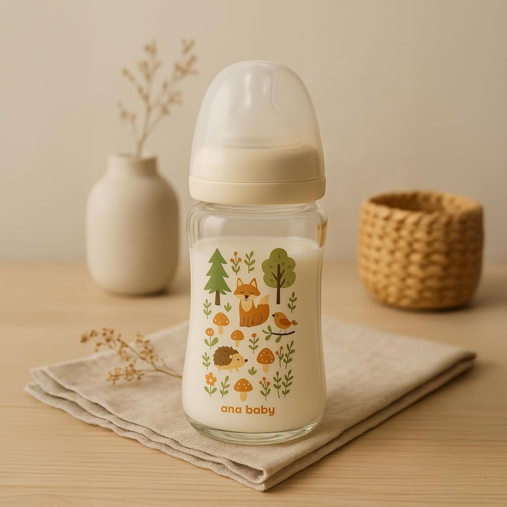 Ana Baby Babyflaschen aus reinem Glas, 2er-Set, BPA-freie Borosilikatglasflaschen mit weichem Siliko