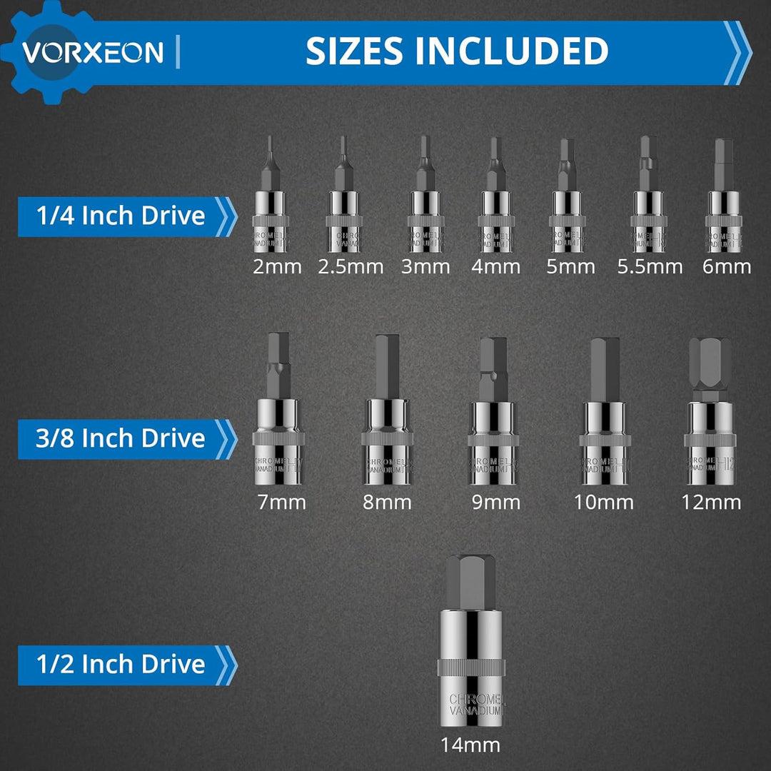 VORXEON Sechskant Steckschlüssel Set 13pcs steckschluesselsatz Metric 2-14mm Mechaniker Werkzeug Sec