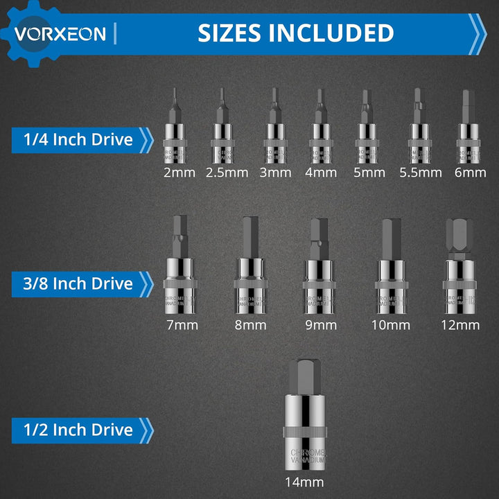 VORXEON Sechskant Steckschlüssel Set 13pcs steckschluesselsatz Metric 2-14mm Mechaniker Werkzeug Sec
